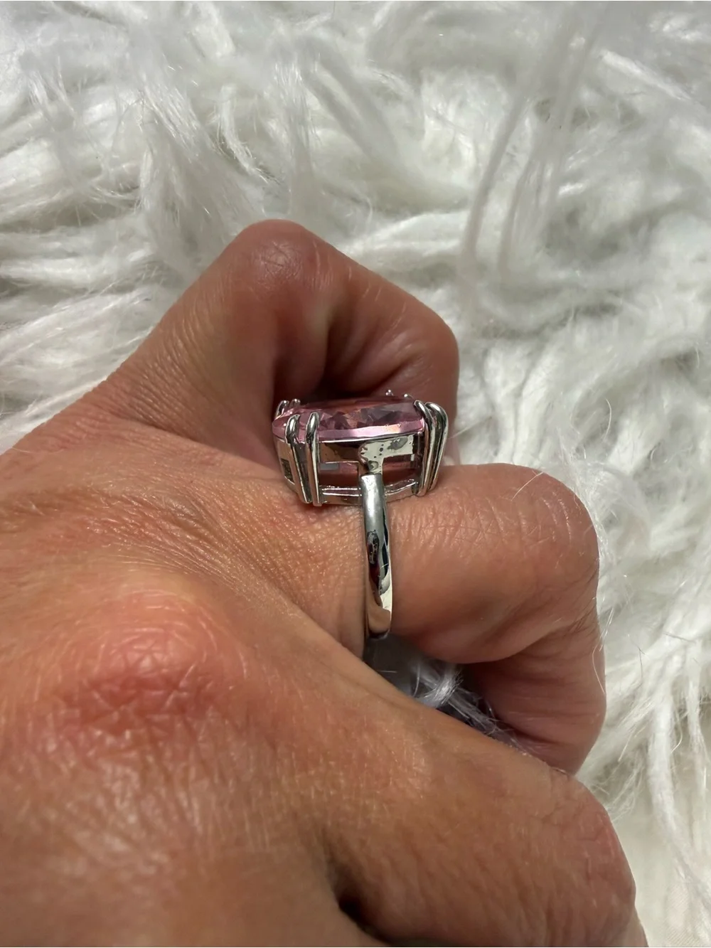 Elegant Pink Oval Gemstone Ring in Silver Setting